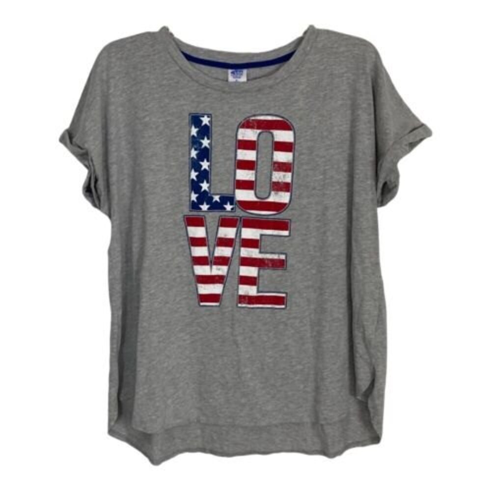 Love Patriotic Womens Tee Shirt Size XL 16/18 Made in USA Gray Short Sleeve Cuff